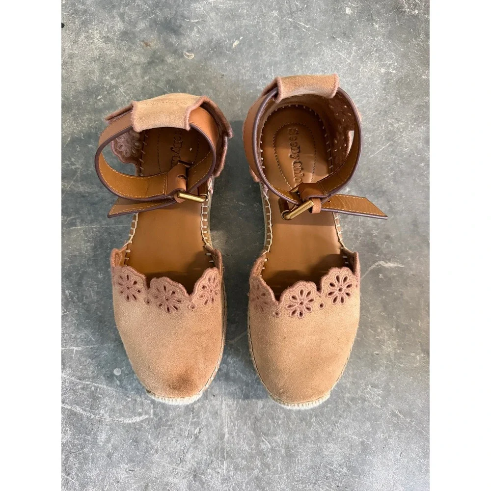 See By Chloe Glyn Suede Scalloped Espadrille Platform Ankle Strap Sandals Tan 36